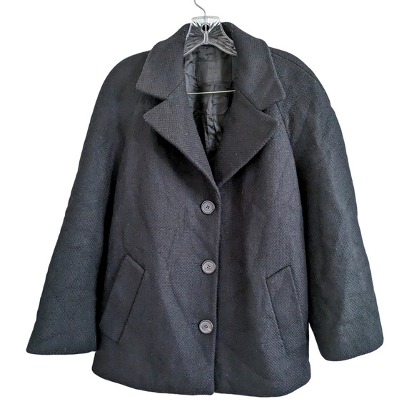 Prada 100% Virgin Wool Black Woven Pea-Style Coat Size 42 Medium - Picture 1 of 8
